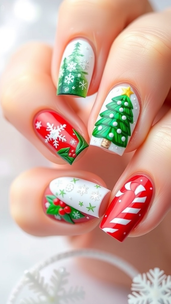 Colorful Christmas nail art designs with snowflakes, trees, and candy canes on a snowy background.